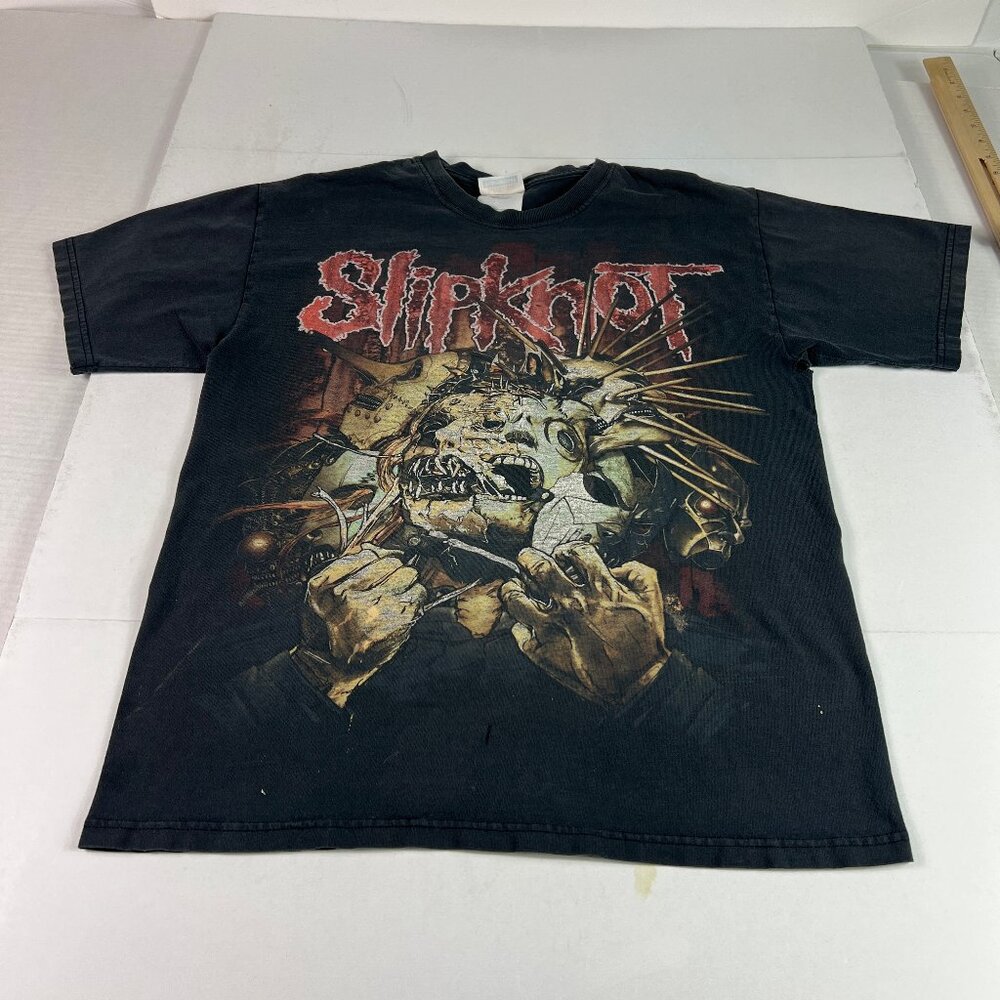 VTG 90s Slipknot Shave Mask Shirt Mens Fits Small Black Thrashed Metal Tee Tag M